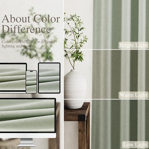 Image of Nanspring Mist Sage 100% Blackout Linen Curtains for Bedroom 84 Inch Length 2 Panels Set Back Tab Thermal Insulated Boho Black Out Curtain for Living Room Cortinas Blackout para Dormitorio 52x84