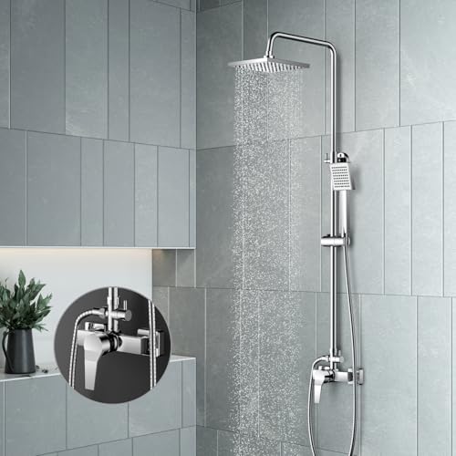 KOMIRO Duschset mit Armaturen, Duschsystem mit Einhebelmischer-Brausearmatur, verstellbarer Brausestange und quadratischem Duschkopf, Regendusche mit Armatur