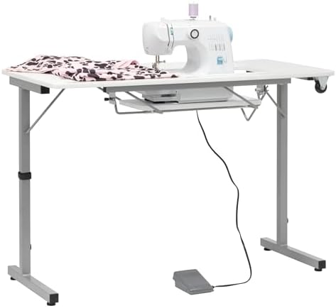 Rollaway II Compact Portable Folding Sewing Table, Silver/White
