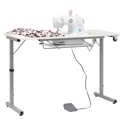 Rollaway II Compact Portable Folding Sewing Table, Silver/White