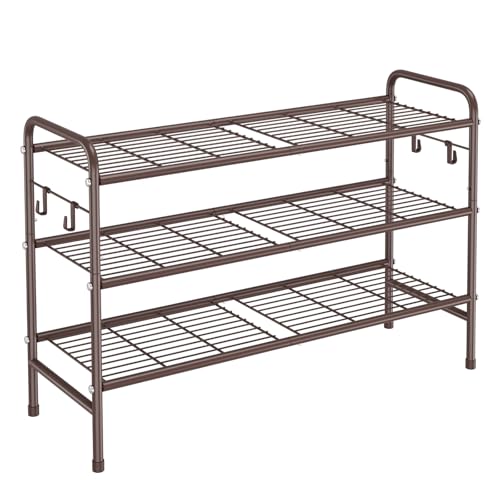 Image of VILICK 3 Tier Shoe Rack 33 inch Wide Metal Shoe Organizer Long Shoe Storage with 4 Side Hooks Sturdy Shoes Shelf for Front Door Entrance, Closet, Garage, Dorm, Brown