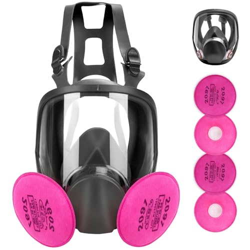 XIANZHO Full Face Respirator Mask with 4 Filters 2097 - Reusable Large Face Cover Gas Masks Anti-Fog Against Organic Vapor/Dust/Formaldehyde/Chemical Perfect for Spray, Sanding Work