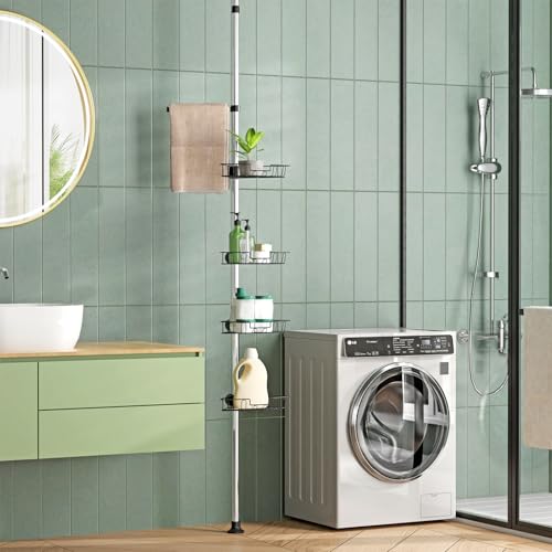 HUOLE Etagere Douche - Etagere Telescopique Douche sans Percage, Tablette d'angle Réglable en Hauteur avec 3/4 Paniers, 75-300cm-4 couches (argent + noir)