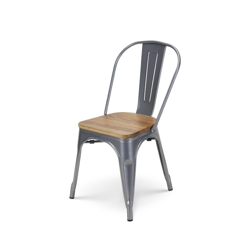 Kosmi - Set di 4 sedie in Metallo Grigio Argento con Seduta in Legno Chiaro - Stile Industriale
