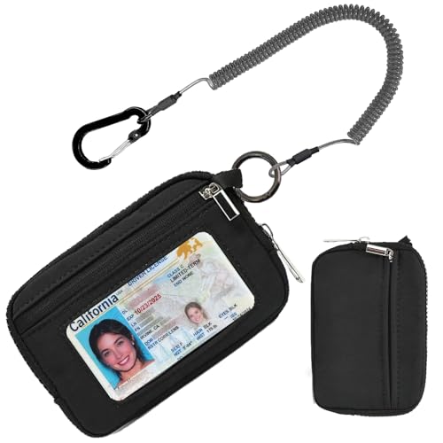 Small Zip Wallet with Anti - Loss Tether, ID card package Holder, Student daily wallet, card bag, ID bag Holder (With Tether-Black)