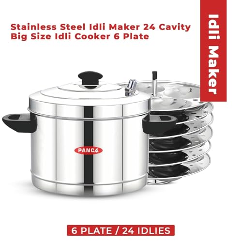 Image of PANCA Stainless Steel Idli Maker 6 Plates 24 Idli Cooker Stainless Steel, Idly Dhokla Multipurpose Cooker Steamer (24 Idli, Big)