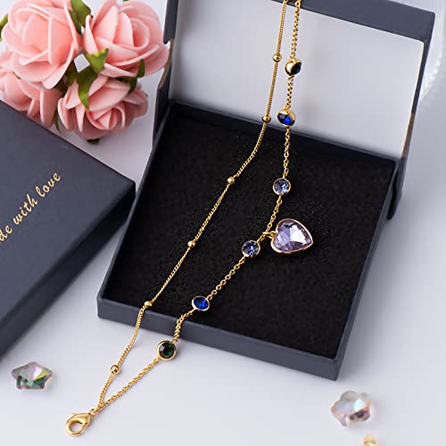 G&Gemsjew Purple Heart Anklet For Women, 14K Gold Plated Layered Anklet Gold Beaded Chain Ankle Bracelet For Women, Layering Multi-Color Rhinestone Cubic Zirconia Summer Beach Foot Chain Dainty Ankle Jewelry Gifts Handmade #TOP7