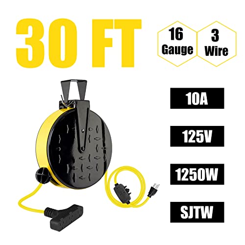Greatide 30 Ft Retractable Extension Cord Reel, 16/3 Sjtw Power Cord With 3 Electrical Outlets And 10 Amp Circuit Breaker thumb #1