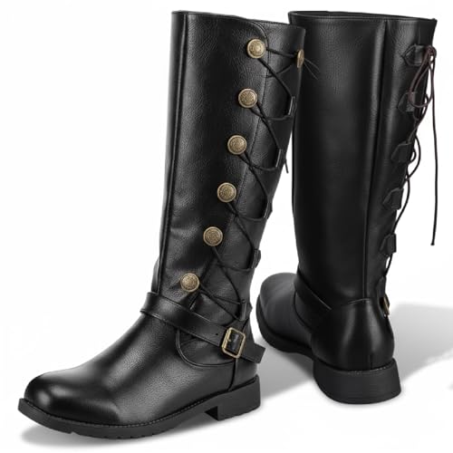 Ramede Medieval Pirate Boots Men Halloween Renaissance Costume Boots Faux Leather Lace up Button Viking Gothic Cosplay Shoes for Men