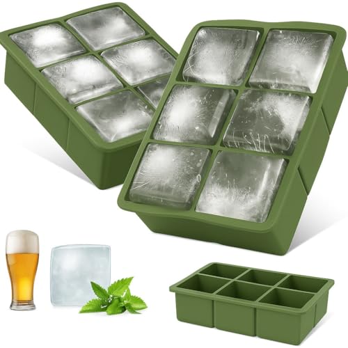 Image of 2PECK Silicone Ice Cube Tray with Lid, Large 6-Cavity Square Ice Cube Moulds for Freezer, Easy Release & Stackable Ice Trays for Whiskey, Cocktails, Beverages, Coffee & Home Bar. (Green)