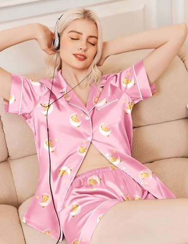 Image of Ekouaer Silk Pajamas for Women Funny Teddy Sleepwear Comfy Short Sleeve Button Down Loungewear Satin Pjs Shorts Set,Pink,XXL