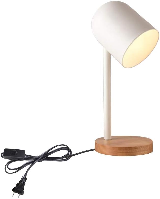 ANYE Desk Lamp Creative Nordic Style with 5.9 Ft UL Plug-in Button Black Cord E26 Socket White Metal Lampshade Wooden Base Table Lamp for Study Reading Working Bulb Not Included