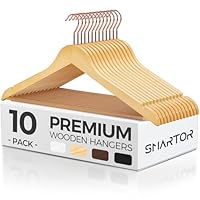 Smartor Wooden Hangers 10 Pack, Solid Wood Coat Hanger for Closet, Heavy Duty Wood Hangers for Suits, Shirts, Dresses, with 360° Rose Gold Hook, Non Slip Pant Bar, Natural