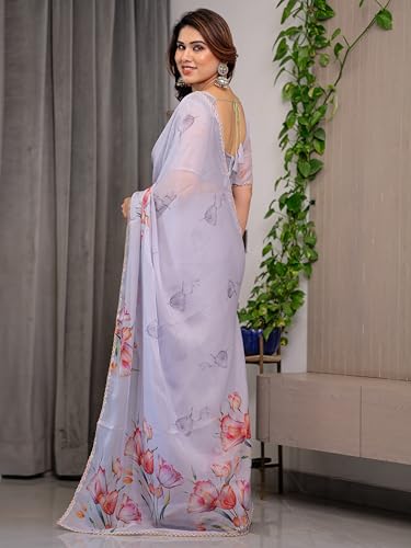 Image of ALMAARI FASHIONWomen's Floral Printed Organza Saree with Unstitched Blouse Piece | Traditional Ethnic Wear Sarees | Soft Lightweight Ethnic Office Wear Daily Wear Indian Sari (ORGANZA 121-130 H)