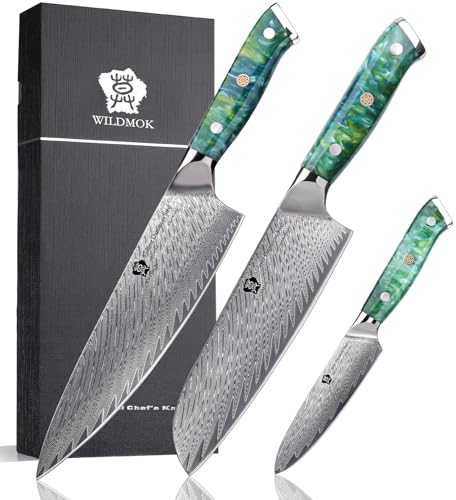 WILDMOK cuchillos de cocina, profesionales de 3 PCS, juego de cuchillos de chef de acero de Damasco, cuchillos de cocina japoneses ultra afilados de 3 piezas