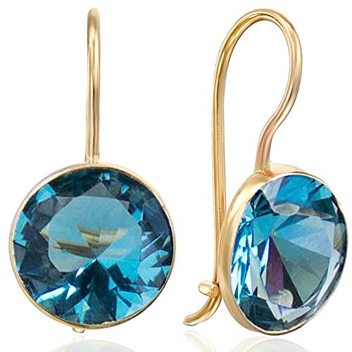 14K Gold Blue Earrings - 14K Solid Yellow Gold Round Shape Dangle Drop Earrings, 8mm Light Blue Circle Cubic Zirconia CZ Gemstone Jewelry - Simple Handmade Gift for Classy Women