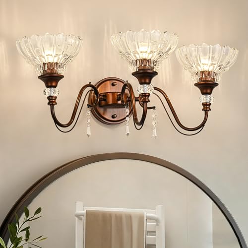 Image of Vintage Bathroom Vanity Light, 3-Light Matte Antique Red Bronze Finish Wall Sconce with Hanging Crystal Accent and Flower-Shaped Clear Glass Shades, Retro Wall Mount Vanity Light Over Mirror