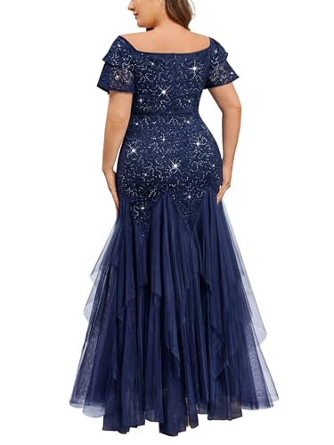 MISSMAY Women's Plus Size V-Neck Off Shoulder Sequin Lace Tulle Mermaid Evening Wedding Dress2