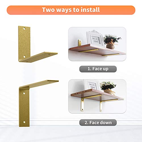 Gold Heavy Duty Shelf Brackets 6 X 4 Inch, Rustic Gold Iron L Shelf Bracket, Industrial Modern Metal Floating Shelf With Hardware For Diy Open Shelving, 4 Pack #TOP5