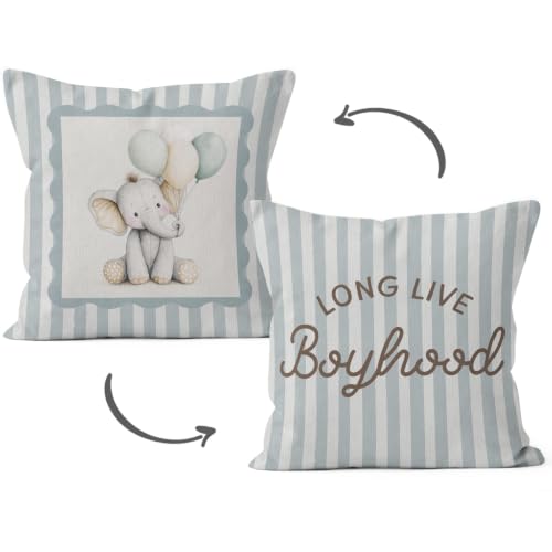 HIWX Elephant Boy Nursery Pillow Covers 18x18 Double-Sided, Boys Room Decor, Long Live Boyhood Blue Striped Decorative Pillow Covers for Boys Toddler Room Playroom Couch Bed Home Bedroom Decor