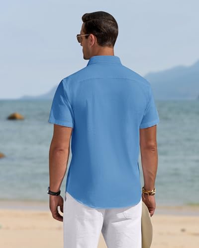 Image of J.VER Mens Linen Shirt Short Sleeve Button Down Casual Summer Shirts | Cotton Linen, Untucked, Big Tall, from Beach Camp Vacation, Cruise Fishing, Work Office, to Wedding Party Family, with Pocket
