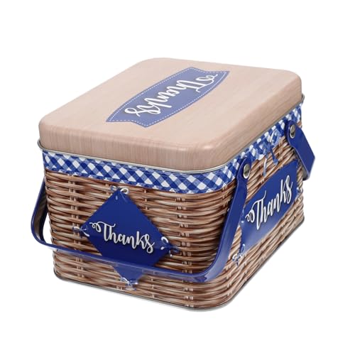 VILLFUL Boîte à Biscuits Portable en Métal Bleu Poignée Boîte à Bonbons Imitation Rotin Décorative pour Pâtisserie Emballage Présent Réutilisable Usage Maison Cuisine Taille Compacte