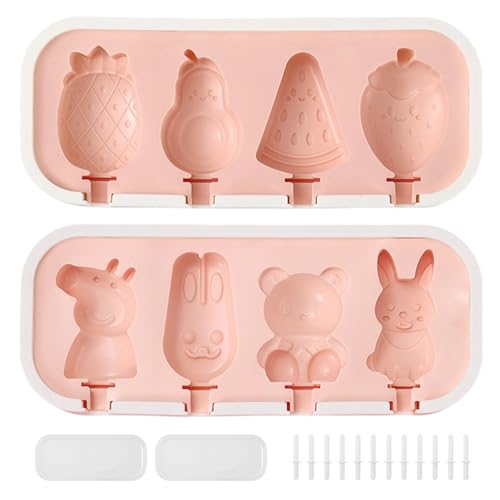 Set 2 Stampi per Ghiaccioli in Silicone, 8 Forme Cartoon & Frutta Stampi per Gelati con Coperchio e 12 Bastoncini Riutilizzabili, Senza BPA, Facili da Sformare