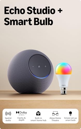 Image of Amazon Echo Studio (newest model), Alexa speaker with immersive spatial audio and Dolby Atmos, hands-free smart home management, Bluetooth, Graphite, combo with 9W Smart Bulb