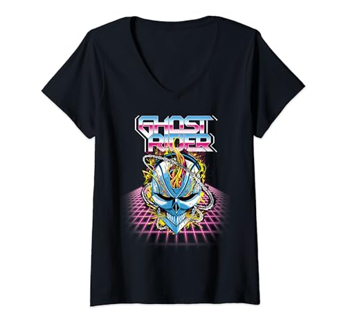 Womens Marvel Ghost Rider Retro Neon Grid Head Shot V-Neck T-Shirt