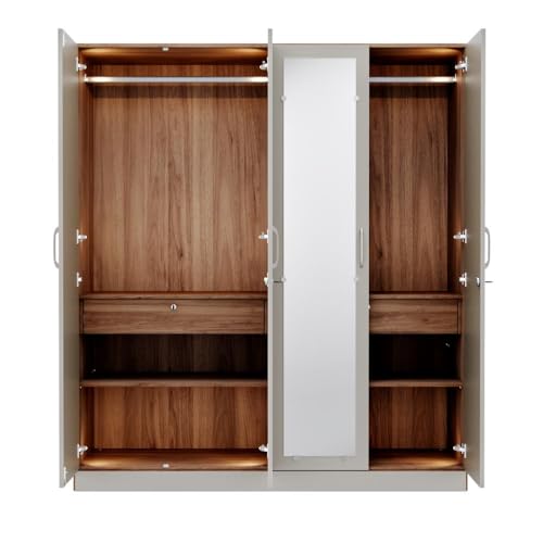 Image of Wakefit Tyrian Plus 4 Door with 4 Shelves 2 Drawers 2 Hanging Areas 1 Mirror SH1-Carcass: Columbian Walnut Shutter: Creamy Brown