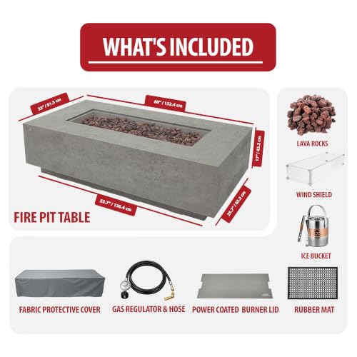 Image of AMS Creations | Madison 60 inch Bundle Rectangular Natural Gas Outdoor Fire Pit Table | Light Gray Concrete GFRC | Limestone Texture or Surface | Electronic Ignition | Outside Backyard Fireplace