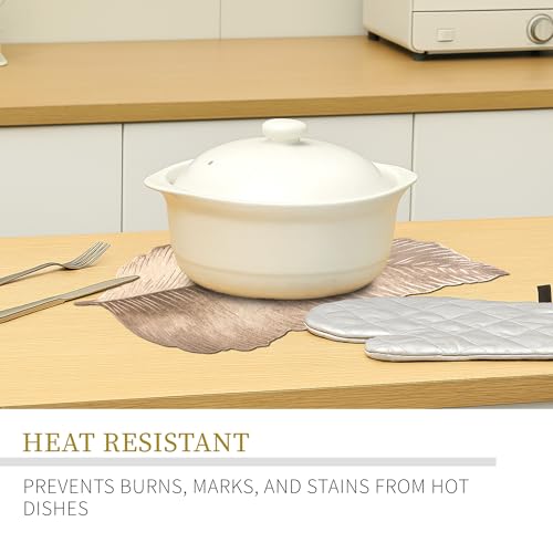 Image of Kuber Industries Soft Leather Dining Table Mat Set of 6 | Non-Slip Heat Resistant Placemats for Kitchen | Decorative Centre Table, Dinner Plate and Bed Side Mat | Emboss Leaf - Golden