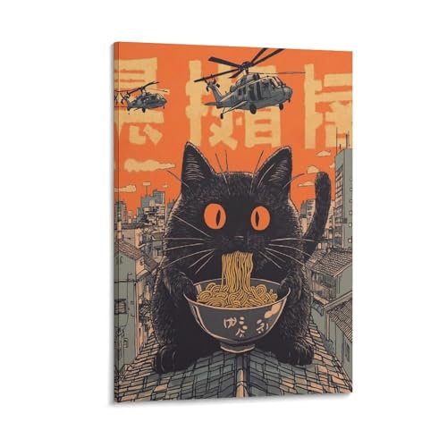 Poster chat noir mangeant des nouilles sur toile de haute qualité 40x60cm