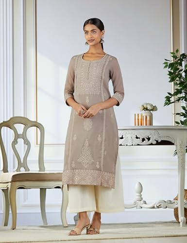 Image of BIBA Women Polyester Straight Fit Yarndyed Kurta