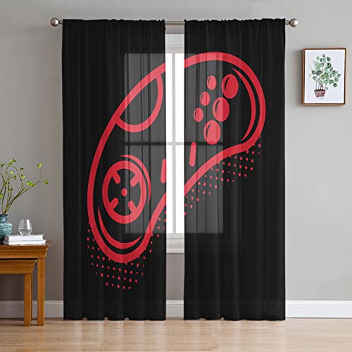 Video Game Window Semi Sheer Curtains for Bedroom Living Room, Red Gamepad Games Controller Gamer Black Rod Pocket Chiffon Voile Sheer Drapes Curtain 108 Inch Length 2 Panels Set