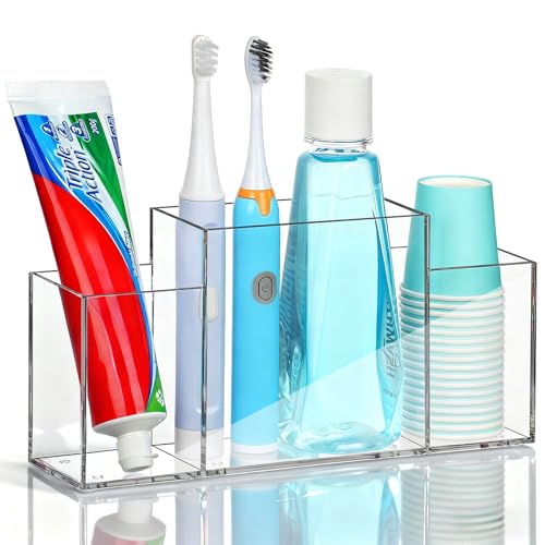 Acrylic Toothbrush Holder for Bathroom Counter, Clear Multi-Functional Toothbrush Organizer with Compartments for Electric Toothbrush, Toothpaste by CWYEYE - Used condition - US$10.93