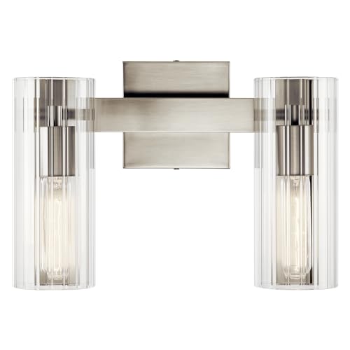 Image of Kichler Jemsa 2-Light Bathroom Vanity Light Fixture with Clear Fluted Glass in Brushed Nickel for Modern Bathroom or Powder Room Over Mirror (9.75 inch x 13.75 inch), 55167NI
