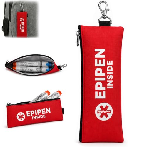 EpiPen Carry Case Insulated Portable Double Sided Emergency Printing Medical Pouch Waterproof Holder Injection Travel Bag for 2 EpiPens for Travelling Walking or Running Red