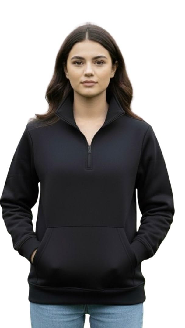 Unisex Quarter Zip Pullover Sweatshirt, Black Cotton Blend, Kangaroo Pocket, Casual Athletic Wear