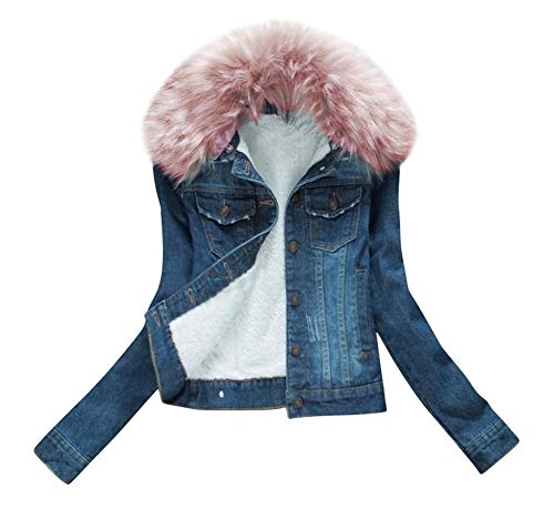 Denim Jacket for Women Lined Faux Fleece, Short Winter Jeans Coat with Detachable Faux-fur Collar