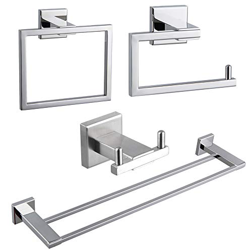 🛒 Crazy Deals kimzcn 4-Pieces Bathroom Hardware Set Polished Stainless Steel Wall Mounted - Includes 24" Double Towel Bar, Towel ring, Toilet Paper Holder, Robe Towel Hooks