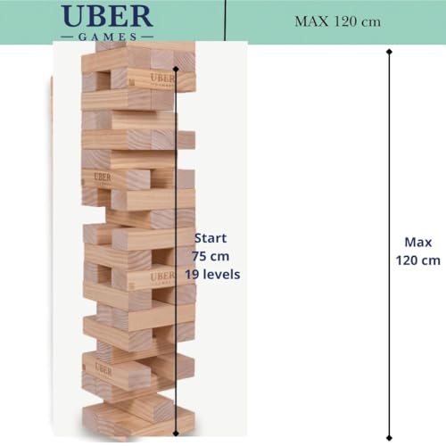Ubergames Riesenwackelturm bis 120+ cm XXL Jumbo Hi-Tower in Tasche - 1,2m (max im Spiel. Massiver Kiefer Holz Tower Spiel - Extra Luxusblöcke und Tasche (bis 120+ cm)