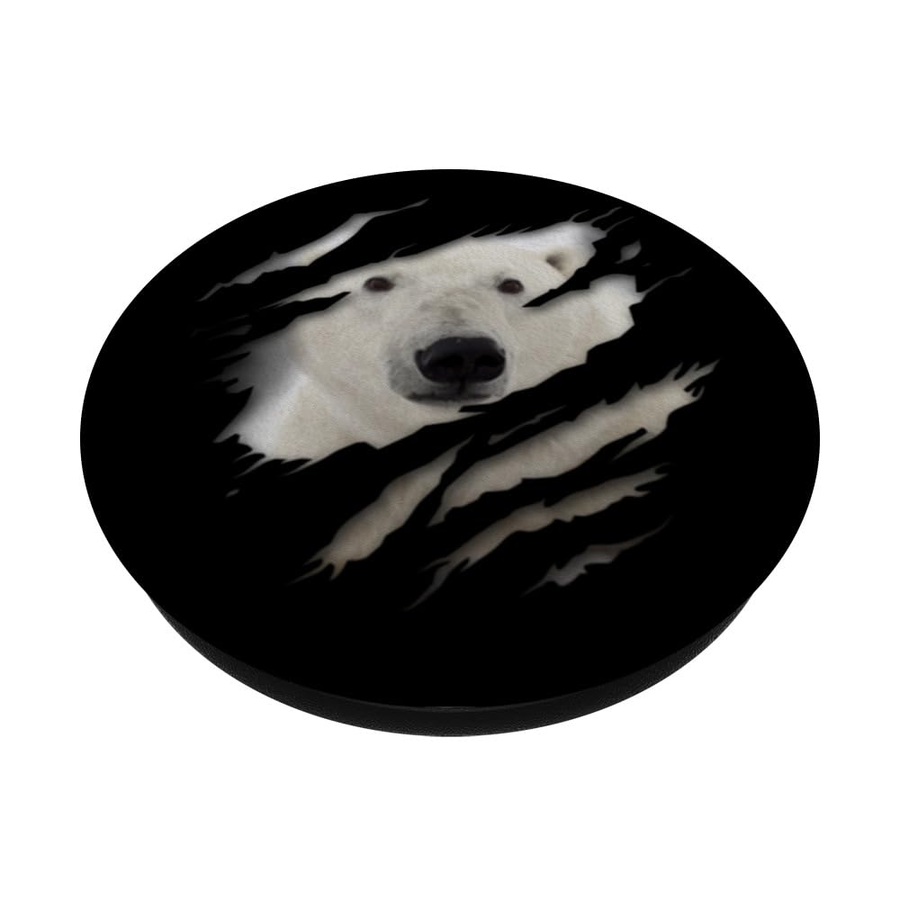 Cute Polar Bear Face Animal Ripped Polar Bear PopSockets Swappable PopGrip, Black - Image 2