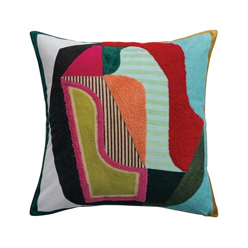 Bloomingville Square Cotton Velvet Printed Pillow with Abstract Design, Tufting and Striped Back, Multicolor
