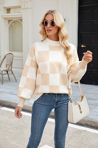 Image of Spring Sweaters for Women, Women's Long Sleeve Turtleneck Stripes Plaid Trendy Oversized Ribbed Knit Pullover Sweater