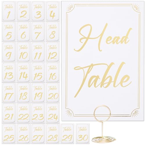 Gold Table Numbers 1-30 with Table Number Holders and Head Table Card - Elegant 4 x 6 Inch Place Seating Sign with Highly Visible Numbers for Wedding Reception, Restaurant, Anniversary, Birthday Party