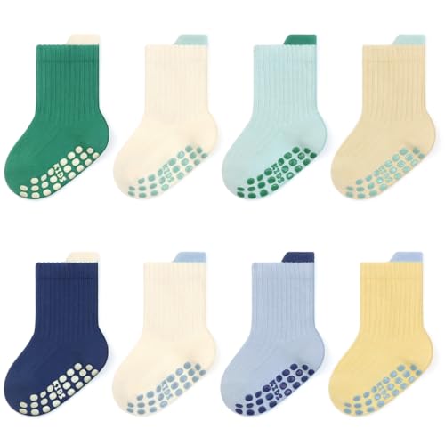 Exemaba Calcetines antideslizantes para bebé, calcetines antideslizantes de algodón ABS, para niños y niñas, paquete de 8, Blue Set, 1-3 Jahre