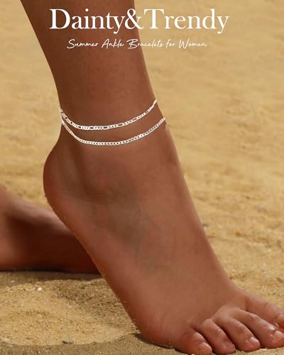 Image of FUNEIA Gold Silver Ankle Bracelets for Women Waterproof 14K Gold Plated Anklets for Women Non Tarnish Dainty Layered Beaded Heart Anklet Set Summer Beach Foot Chain Jewelry Gifts Trendy Stuff