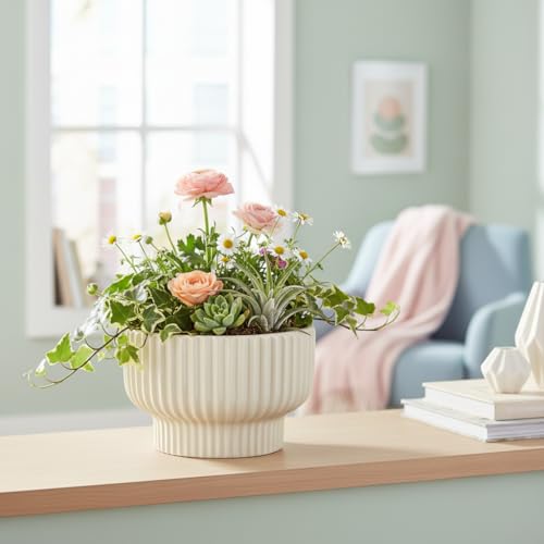 Image of Xtore Graceful Ribbed Ceramic Planter for Indoor Plants & Bonsai Display | Minimal Modern Tabletop Pot for Living Room, Desk & Balcony Styling (Beige, Planter only)