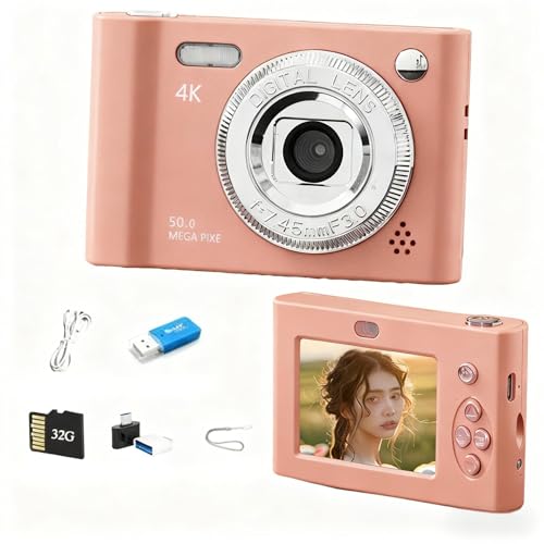 Digital Camera with Dual Screen,Autofocus 4K 48MP Vlogging Cameras for Photography with 32GB Card,Point and Shoot Digital Cameras,16X Zoom,Anti-Shake,Present for Kid Teen Beginner. (Pink)